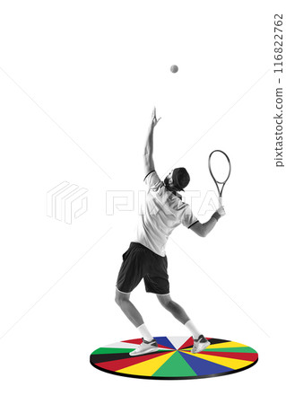 Dynamic image of focused man, tennis player in motion, hitting ball with racket against white background standing on colorful platform. Creative design. Art collage. Dynamic image of focused man, tennis player in motion, hitting ball with racket against white background standing on colorful platform. Creative design. Art collage. 116822762