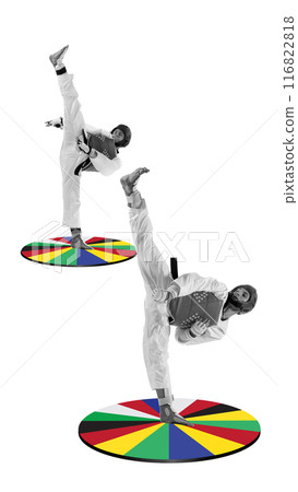 Two monochrome martial artists training, doing high kicks atop vibrant circles featuring international flags. Creative design. Art collage. 116822818