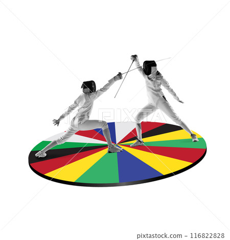 Two female fencing athletes in uniform and protective masks in motion, practicing dancing on round platform of multicolored flags. Creative design. Art collage. 116822828