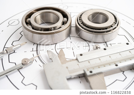 Engineering tools and mechanical industrial with vernier caliper and metal ball bering. 116822838