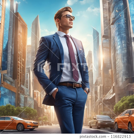 Confident businessman in a futuristic cityscape 116822913