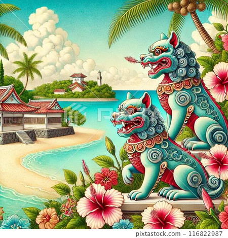 Okinawa's ocean, shisa and hibiscus 116822987