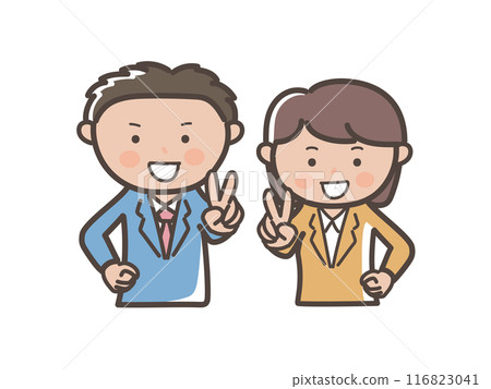 Upper body illustration of young male and female office workers making a peace sign with a smile 116823041