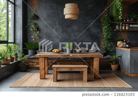 Modern kitchen with a wooden dining table and bench 116823103