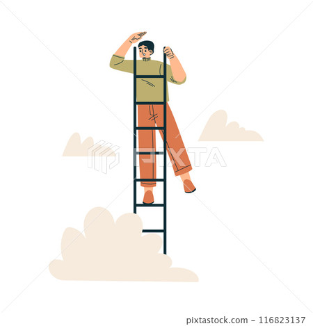 Look to Future with Man Character Climb Ladder View Horizon Vector Illustration 116823137