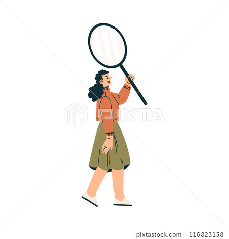 Look to Future with Woman Character with Huge Magnifier View Horizon Vector Illustration Look to Future with Woman Character with Huge Magnifier View Horizon Vector Illustration 116823158