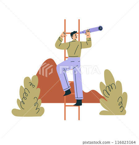 Look to Future with Man Character Climb Ladder with Telescope View Horizon Vector Illustration Look to Future with Man Character Climb Ladder with Telescope View Horizon Vector Illustration 116823164