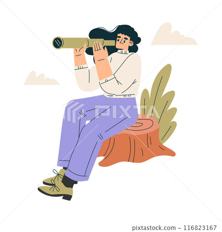 Look to Future with Woman Character with Telescope View Horizon Vector Illustration Look to Future with Woman Character with Telescope View Horizon Vector Illustration 116823167