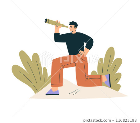 Look to Future with Man Character with Telescope View Horizon Vector Illustration 116823198