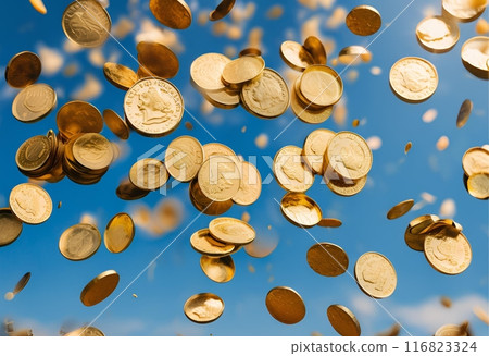 A large amount of gold coins falling from the sky 116823324