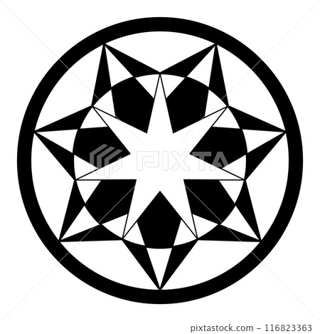 Crop circle pattern with seven-pointed stars enclosed in two circles. Mandala like and heptagram structure, made of numerous triangles and pentagons. Modeled on a corn circle found 2024 in Wiltshire. 116823363