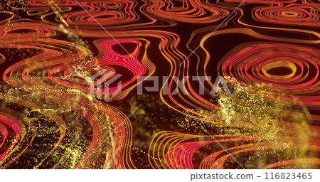 Image of glowing orange mesh moving over waving multi coloured background 116823465
