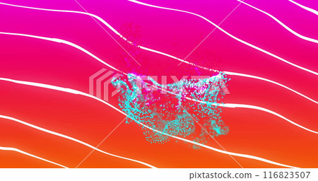 Image of glowing yellow mesh moving over waving pink to red background 116823507