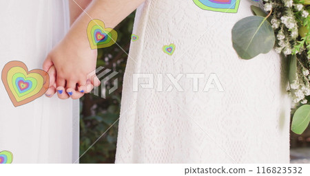 Image of hearts floating over diverse female married couple holding hands Image of hearts floating over diverse female married couple holding hands 116823532