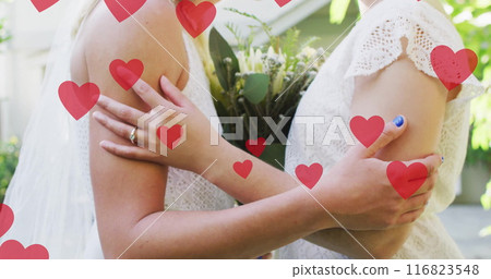 Image of hearts over diverse female married couple embracing Image of hearts over diverse female married couple embracing 116823548