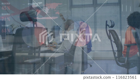 Image of financial data processing over diverse business people in office 116823561