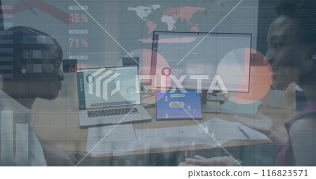 Image of financial data processing over diverse business people in office 116823571