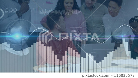 Image of financial data processing over diverse business people in office Image of financial data processing over diverse business people in office 116823572