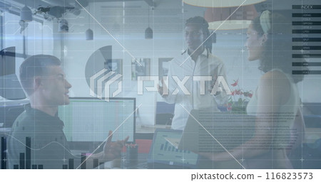 Image of financial data processing over diverse business people in office Image of financial data processing over diverse business people in office 116823573