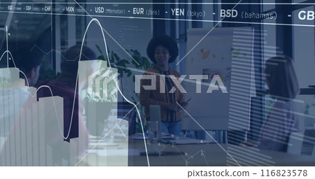 Image of financial data processing over diverse business people in office Image of financial data processing over diverse business people in office 116823578