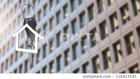 Image of silver house key over modern building Image of silver house key over modern building 116823581