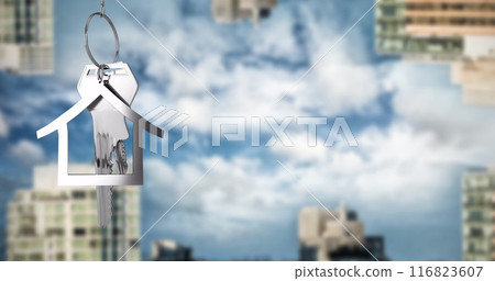 Image of silver house key  over cityscape 116823607