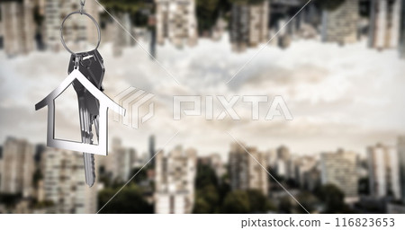 Image of silver house key over cityscape Image of silver house key over cityscape 116823653