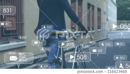 Image of social media notifications over african american woman with bike in city street Image of social media notifications over african american woman with bike in city street 116823668
