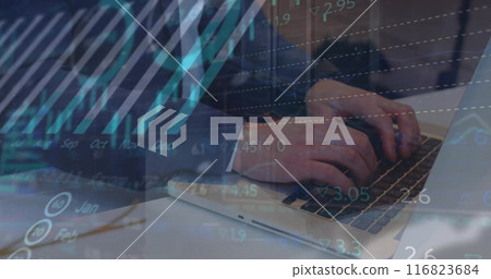 Image of financial data processing over caucasian businessman using laptop Image of financial data processing over caucasian businessman using laptop 116823684