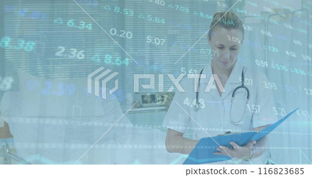 Image of financial data processing over caucasian female doctor in hospital Image of financial data processing over caucasian female doctor in hospital 116823685