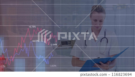 Image of financial data processing over caucasian female doctor in hospital 116823694