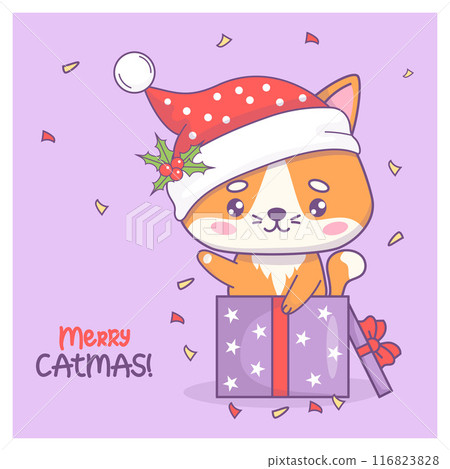 Cute Christmas cat in Santa hat looks out of gift box. Cartoon kawaii animal character. Festive cool New Year card. Vector illustration. Kids collection 116823828
