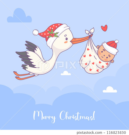 Merry Christmas card. Cute flying white stork in Santa hat and baby boy. Vector illustration. Funny cartoon bird kawaii and holiday arrival of infant. Cool Baby shower postcard. Kids collection. Merry Christmas card. Cute flying white stork in Santa hat and baby boy. Vector illustration. Funny cartoon bird kawaii and holiday arrival of infant. Cool Baby shower postcard. Kids collection. 116823830