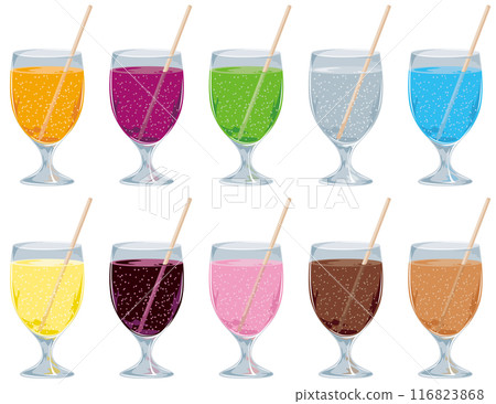 帶有吸管/帶有軟糖的玻璃杯中果汁的插圖圖示集 帶有吸管/帶有軟糖的玻璃杯中果汁的插圖圖示集 116823868