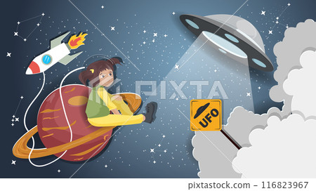 A flat illustration on the theme of space a girl sits on a planet with rings and watches UFO 116823967