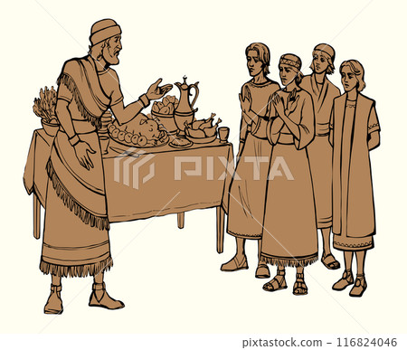 Vector drawing. Daniel and his friends refuse the king's food 116824046