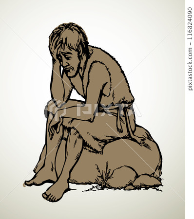 Vector drawing. A sad man and pigs Vector drawing. A sad man and pigs 116824090