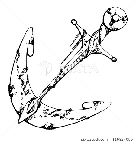 Ship anchor rusted shipwreck with algae, Marine life, sea ocean underwater, Ink and pen sketch hand drawn. Single object illustration stylized, isolated on white. Zoo shop, aquarium, cosmetics, resort Ship anchor rusted shipwreck with algae, Marine life, sea ocean underwater, Ink and pen sketch hand drawn. Single object illustration stylized, isolated on white. Zoo shop, aquarium, cosmetics, resort 116824099