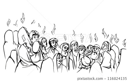 Vector drawing. Pentecost day. Many people came together for praying 116824135