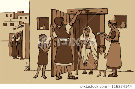 Vector drawing. The family fulfills God's command. Anoints the doorposts with the blood of the lamb 116824144