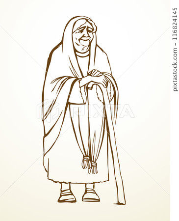 Vector drawing. Old woman with cane 116824145