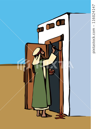 Vector drawing. The family fulfills God's command. Anoints the doorposts with the blood of the lamb 116824147
