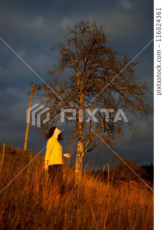 a portrait  young woman in mustard sweater in autumn mountains at sunset 116824361