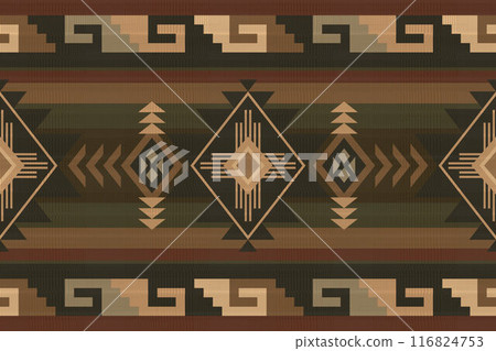 Navajo tribal vector seamless pattern. Native American ornament. Ethnic South Western decor style. Boho geometric ornament. Vector seamless pattern. Mexican blanket, rug. Woven carpet illustration. Navajo tribal vector seamless pattern. Native American ornament. Ethnic South Western decor style. Boho geometric ornament. Vector seamless pattern. Mexican blanket, rug. Woven carpet illustration. 116824753