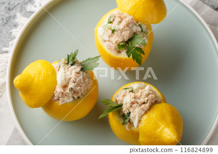 Snack in lemons. Salad of canned tuna, eggs, cucumber and cream close-up in a plate. Horizontal top view Snack in lemons. Salad of canned tuna, eggs, cucumber and cream close-up in a plate. Horizontal top view 116824899