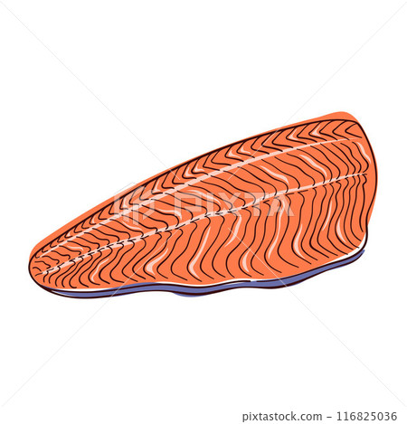 Slice fillet of salmon in flat style. Fresh piece fish product. Design for seafood restaurant menu. Vector illustration isolated on a white background. Slice fillet of salmon in flat style. Fresh piece fish product. Design for seafood restaurant menu. Vector illustration isolated on a white background. 116825036
