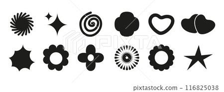 black flowers and shapes icons, including daisies, floral organic forms, clouds, stars, and other playful elements in a trendy brutal style. Perfect for adding black flowers and shapes icons, including daisies, floral organic forms, clouds, stars, and other playful elements in a trendy brutal style. Perfect for adding 116825038