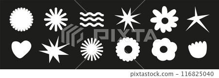 black flowers and shapes icons, including daisies, floral organic forms, clouds, stars, and other playful elements in a trendy brutal style. Perfect for adding black flowers and shapes icons, including daisies, floral organic forms, clouds, stars, and other playful elements in a trendy brutal style. Perfect for adding 116825040