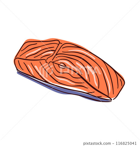 Salmon piece in flat style. Red steak slice. Fresh product. Outline design for sea food restaurant menu, cooking recipe, product package. Vector illustration isolated on a white background. Salmon piece in flat style. Red steak slice. Fresh product. Outline design for sea food restaurant menu, cooking recipe, product package. Vector illustration isolated on a white background. 116825041