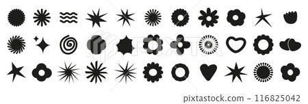black flowers and shapes icons, including daisies, floral organic forms, clouds, stars, and other playful elements in a trendy brutal style. Perfect for adding black flowers and shapes icons, including daisies, floral organic forms, clouds, stars, and other playful elements in a trendy brutal style. Perfect for adding 116825042